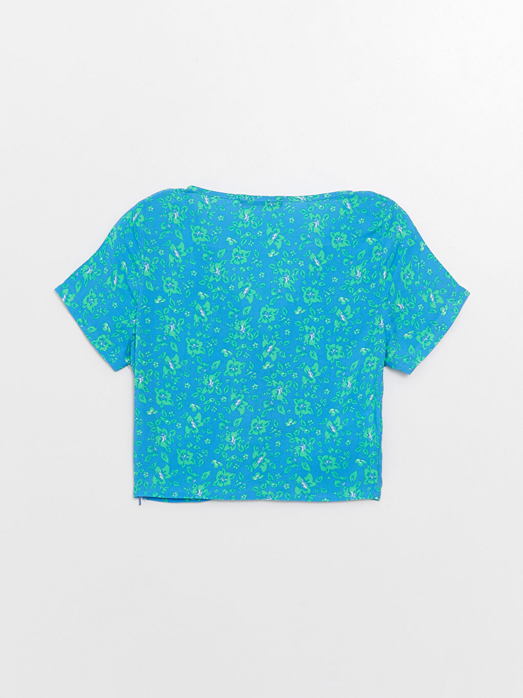 Mavi V Yaka Çiçekli Kısa Kollu Crop Kadın Bluz-6