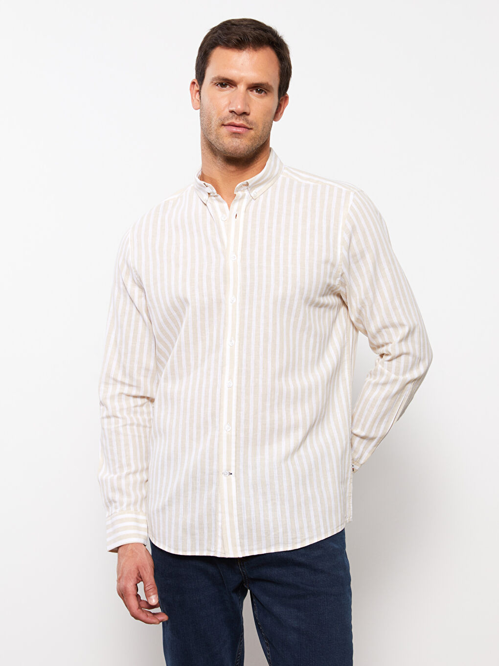 ерлерге арналған ұзын жең жолақты стандартты пішім жейде