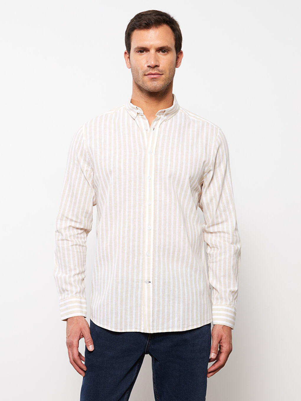 ерлерге арналған ұзын жең жолақты стандартты пішім жейде-1