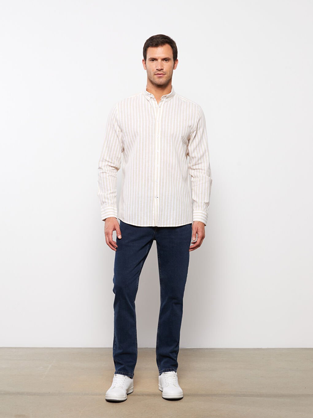 ерлерге арналған ұзын жең жолақты стандартты пішім жейде-2