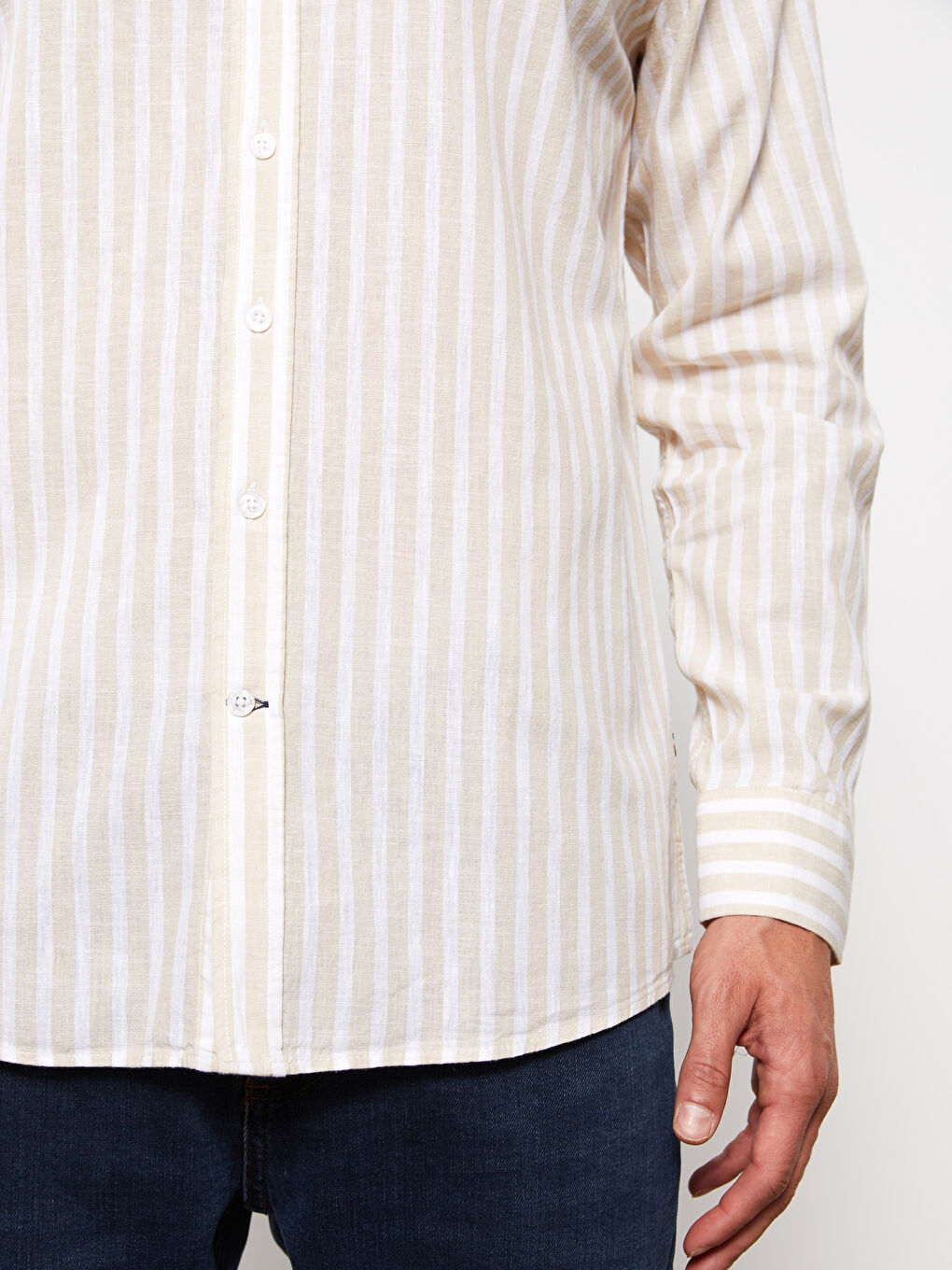 ерлерге арналған ұзын жең жолақты стандартты пішім жейде-3