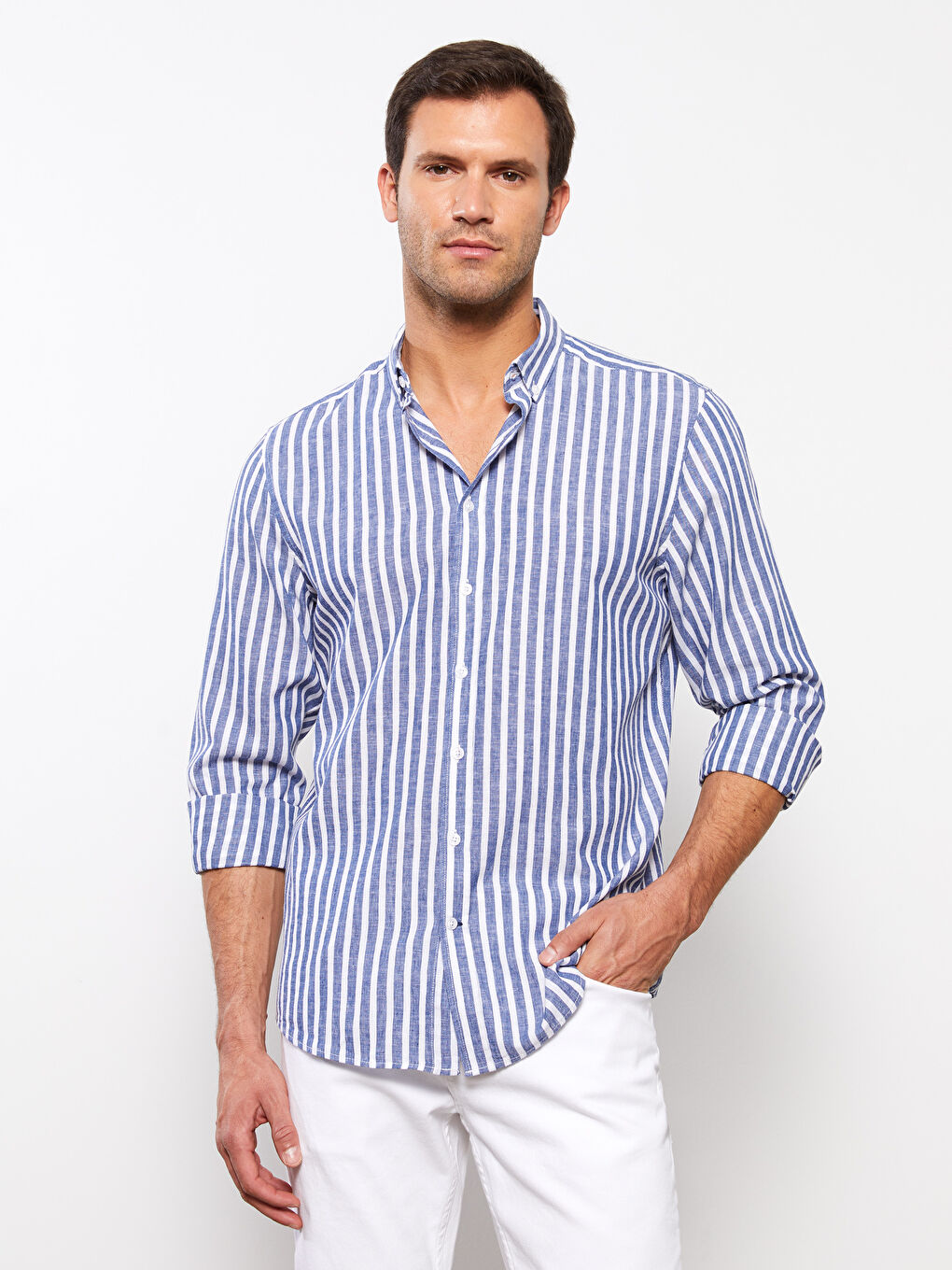 Lacivert Regular Fit Uzun Kollu Çizgili Erkek Gömlek