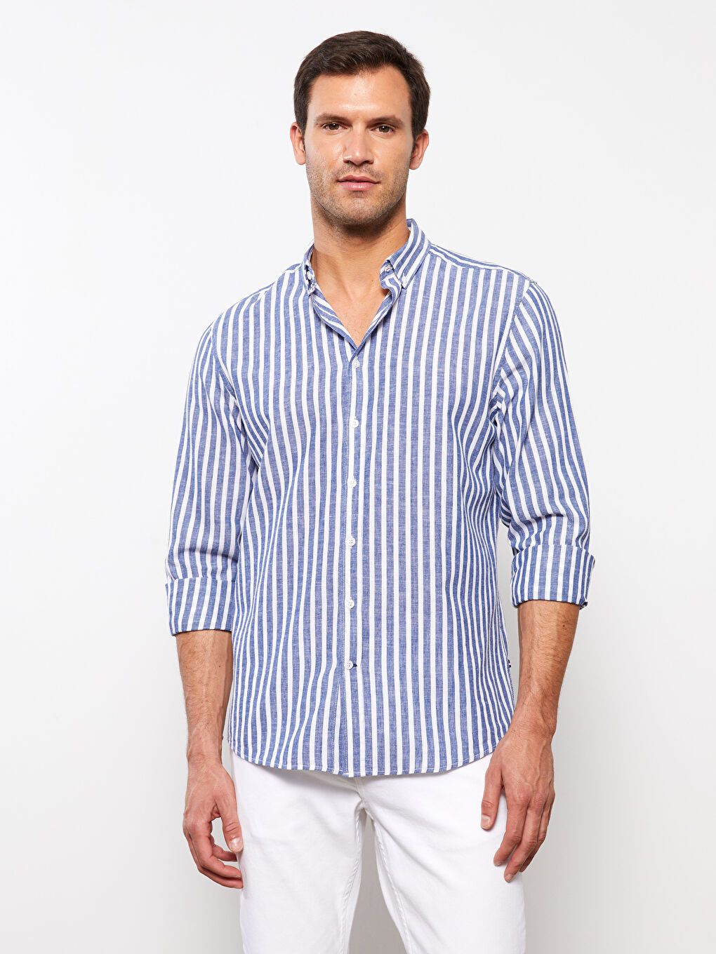 Lacivert Regular Fit Uzun Kollu Çizgili Erkek Gömlek-1