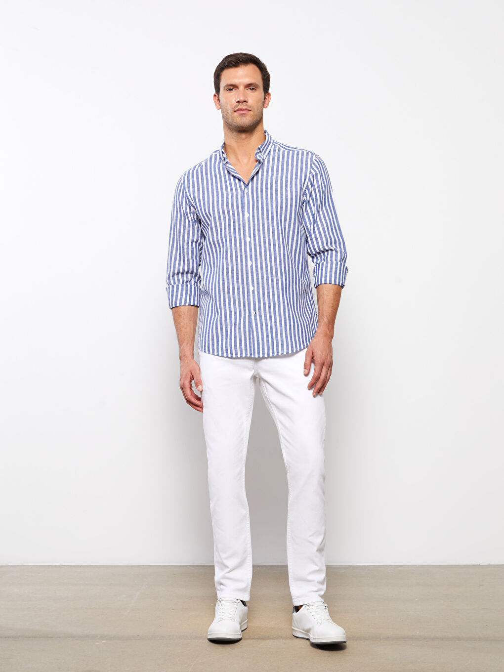 Lacivert Regular Fit Uzun Kollu Çizgili Erkek Gömlek-2