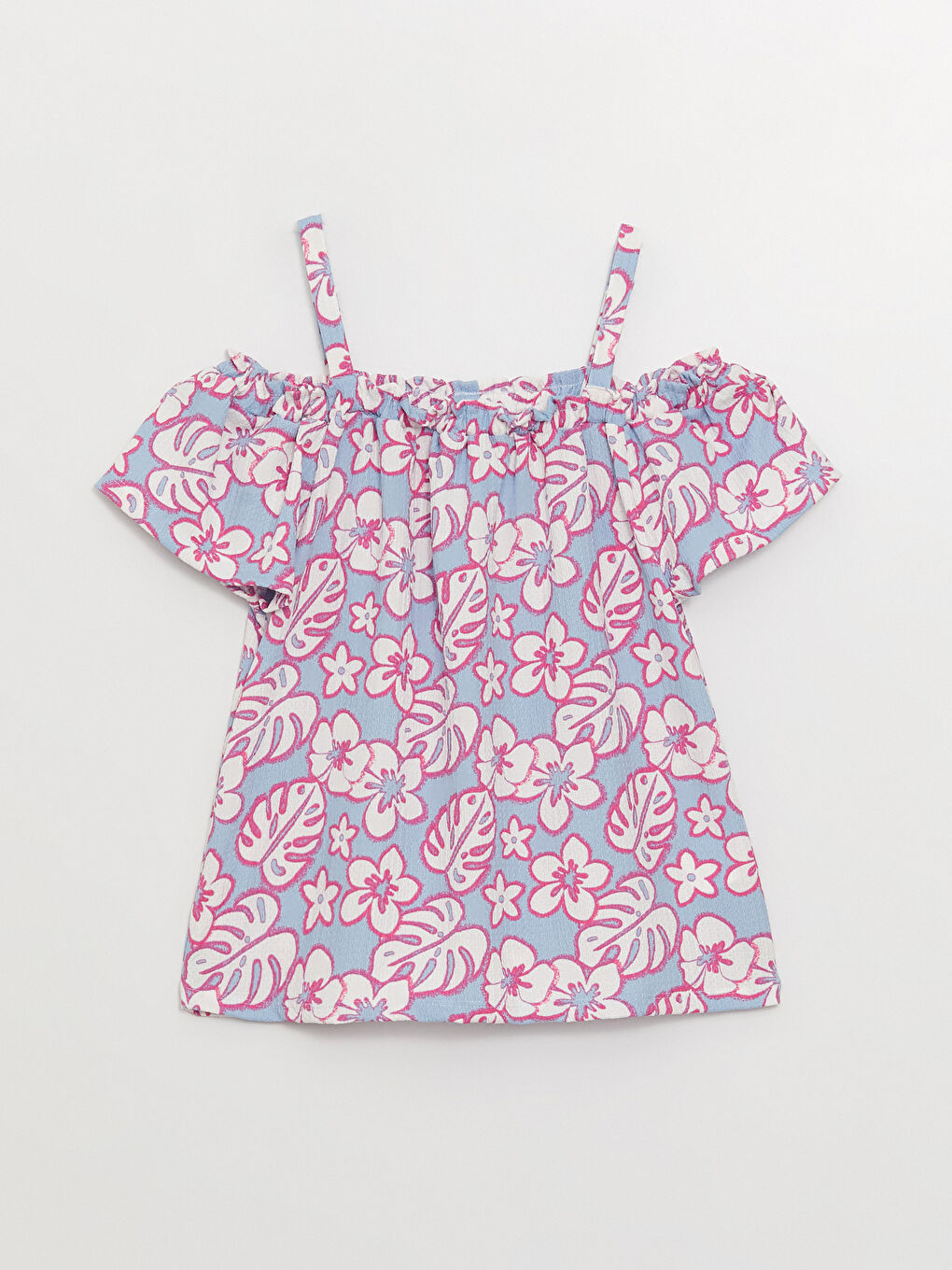 Lila Kayık Yaka Desenli Kısa Kollu Kız Çocuk Tişört