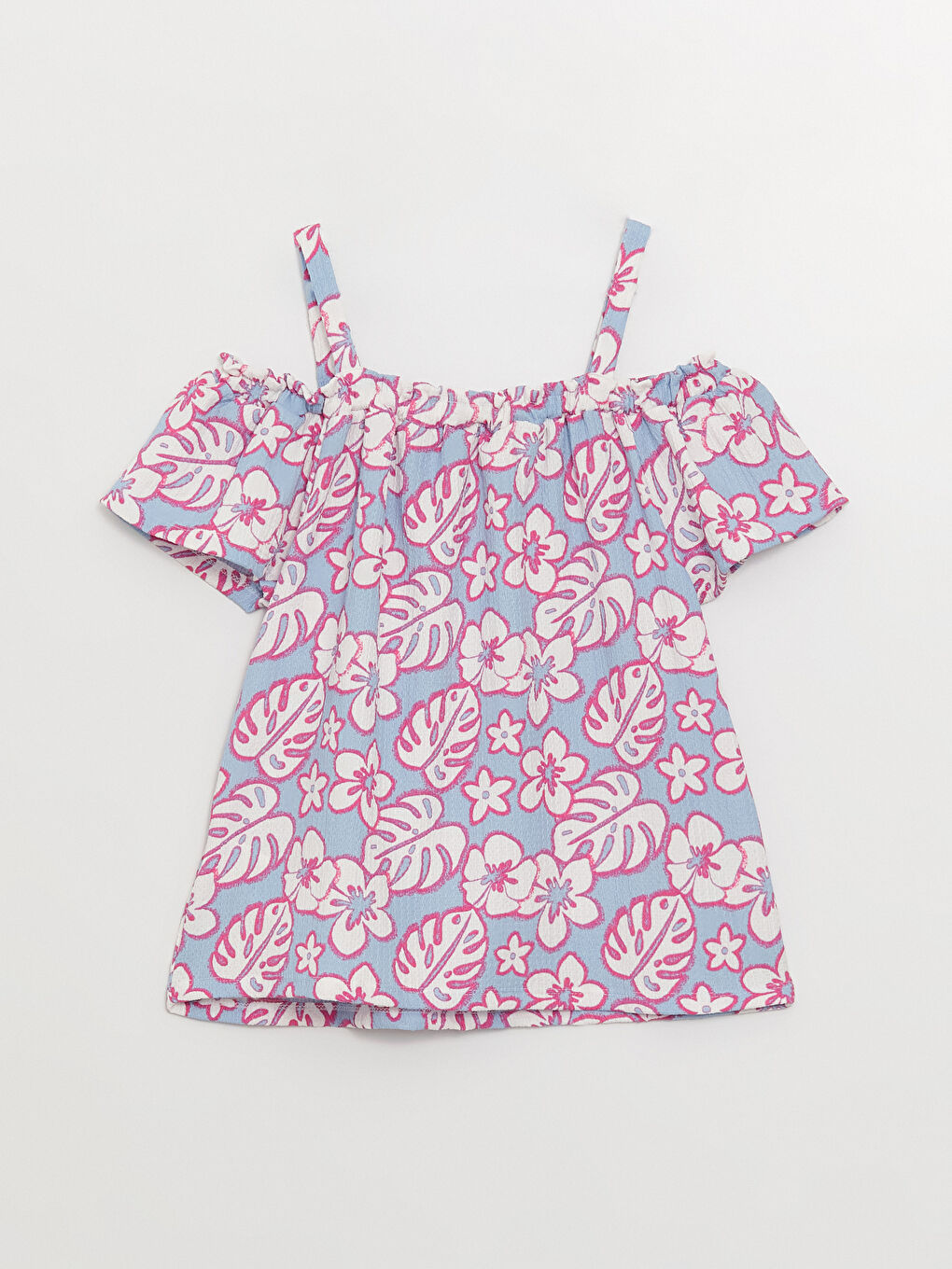 Lila Kayık Yaka Desenli Kısa Kollu Kız Çocuk Tişört-1