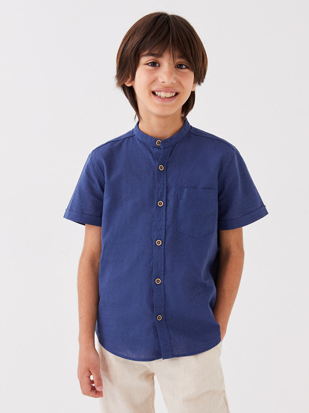 Рубашка Для мальчиков из льняной смеси с воротником-стойкой