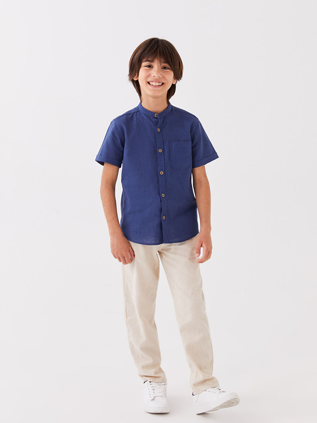 Рубашка Для мальчиков из льняной смеси с воротником-стойкой-1