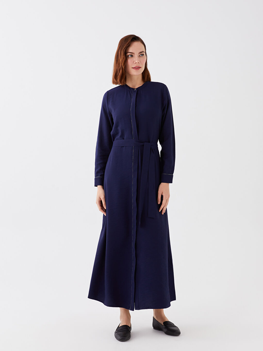 Grandad Collar Plain Long-Sleeve Women's A-Line Dress -S3FT60Z8-E1J