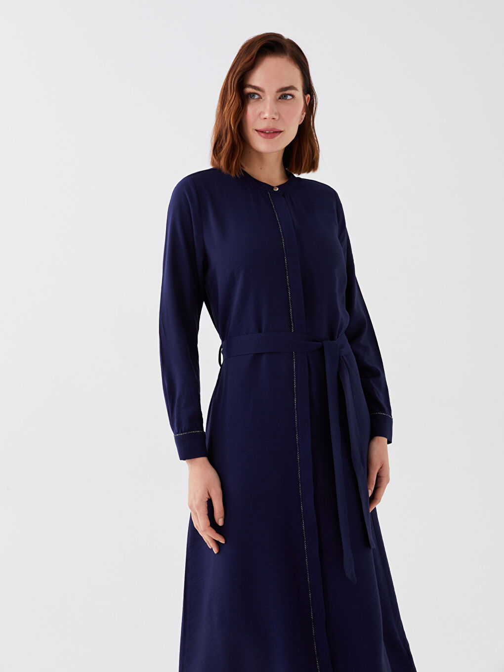 Grandad Collar Plain Long-Sleeve Women's A-Line Dress -S3FT60Z8-E1J