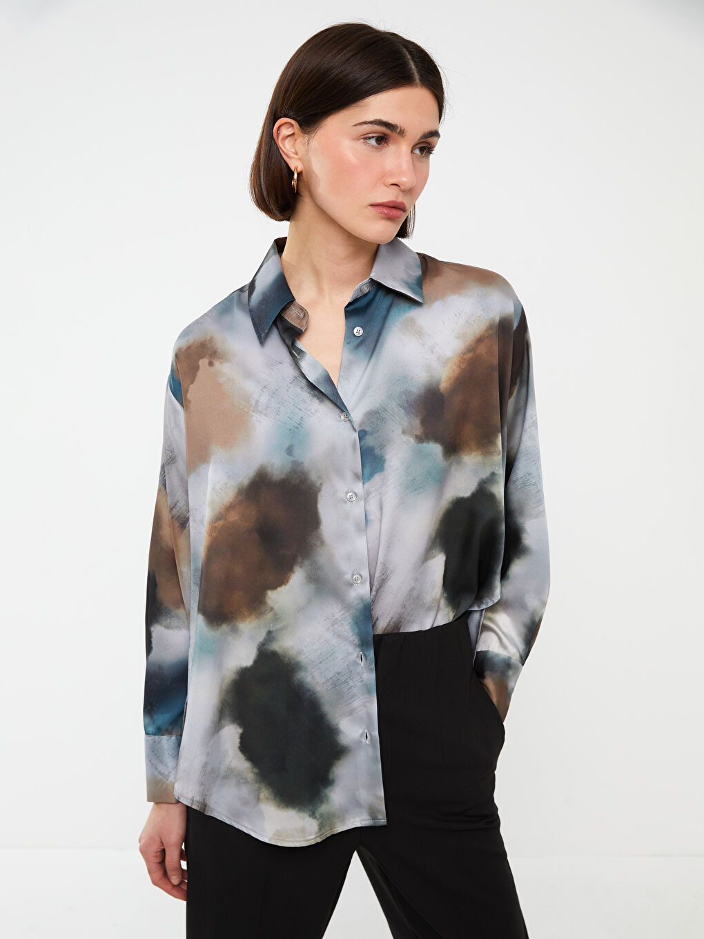 Cămașă Supradimensionată din Satin pentru Femei cu Model