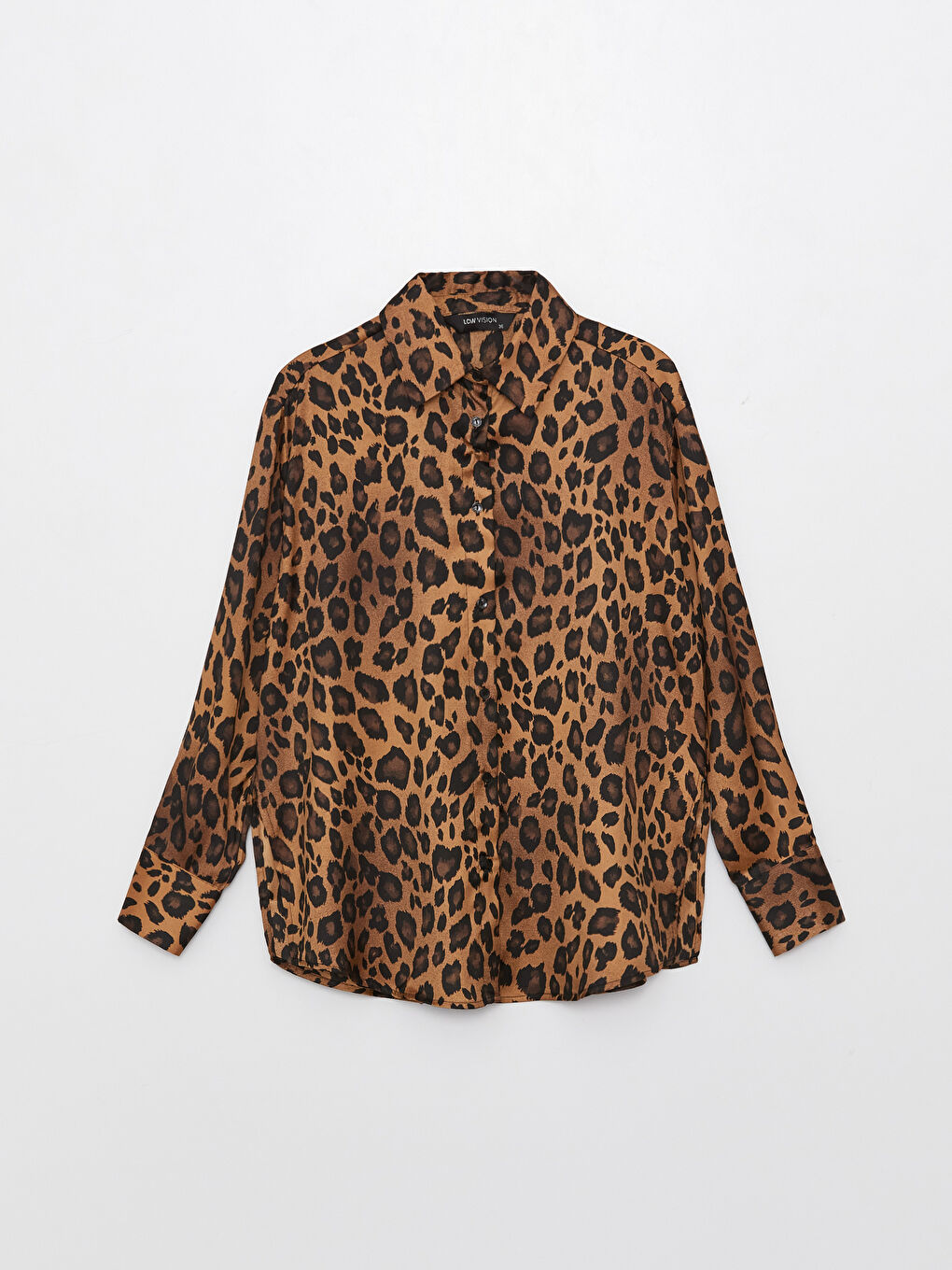 Kahverengi Desenli Oversize Saten Kadın Gömlek-5