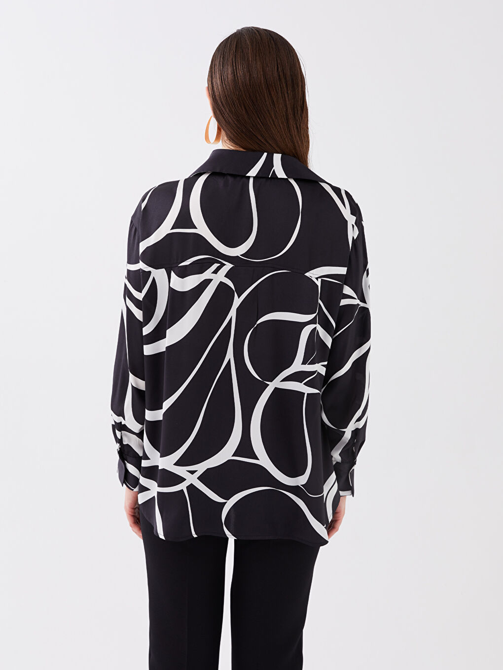 Ekru Desenli Oversize Saten Kadın Gömlek-4