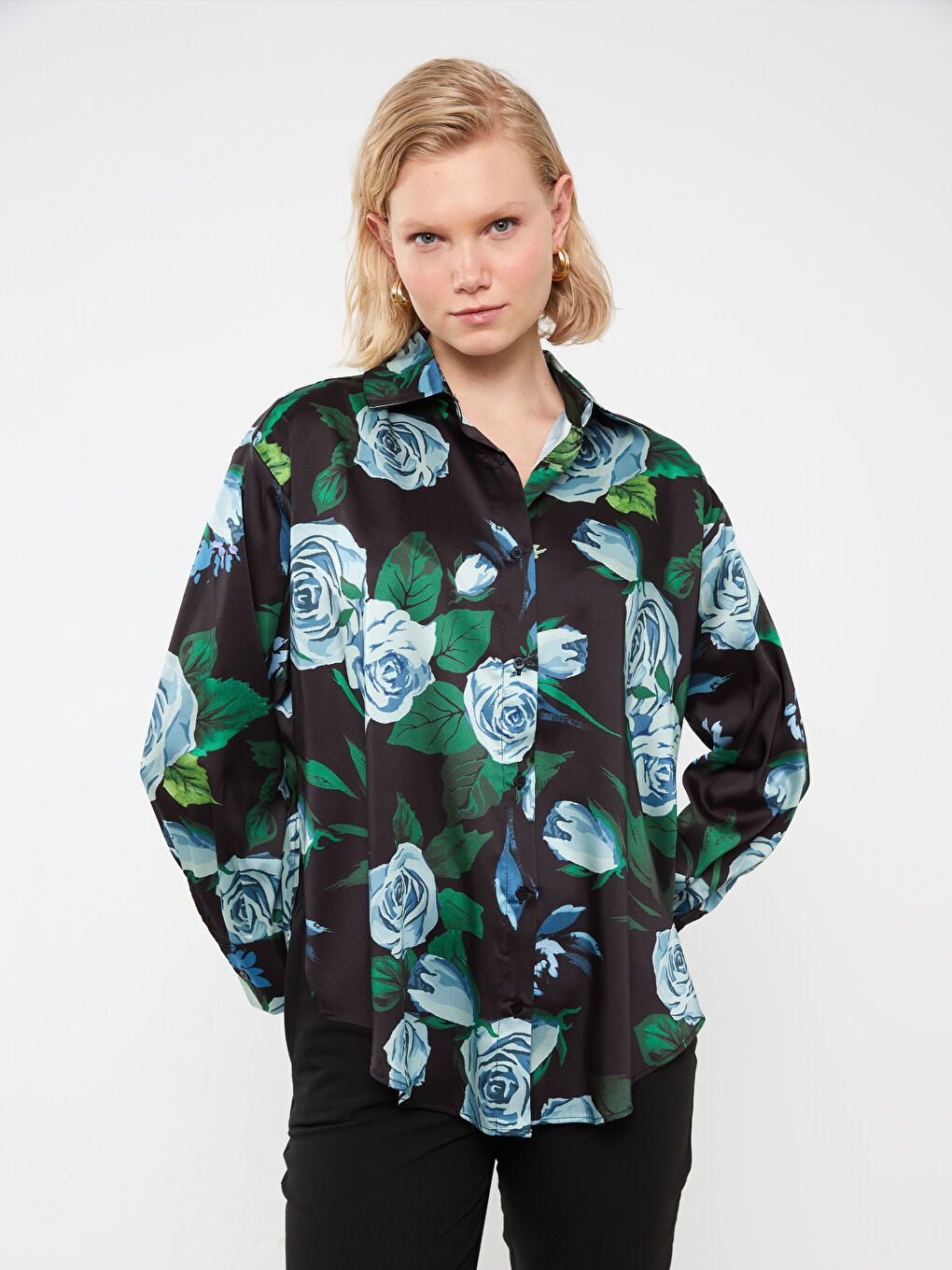 Siyah Çiçekli Uzun Kollu Oversize Saten Kadın Gömlek