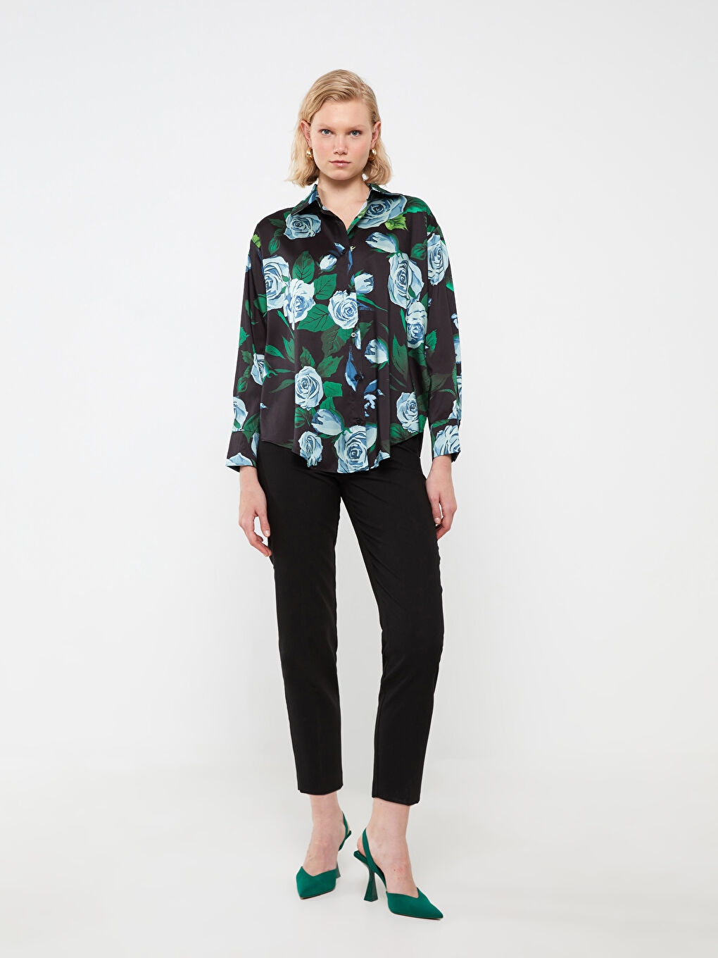 Siyah Çiçekli Uzun Kollu Oversize Saten Kadın Gömlek-2