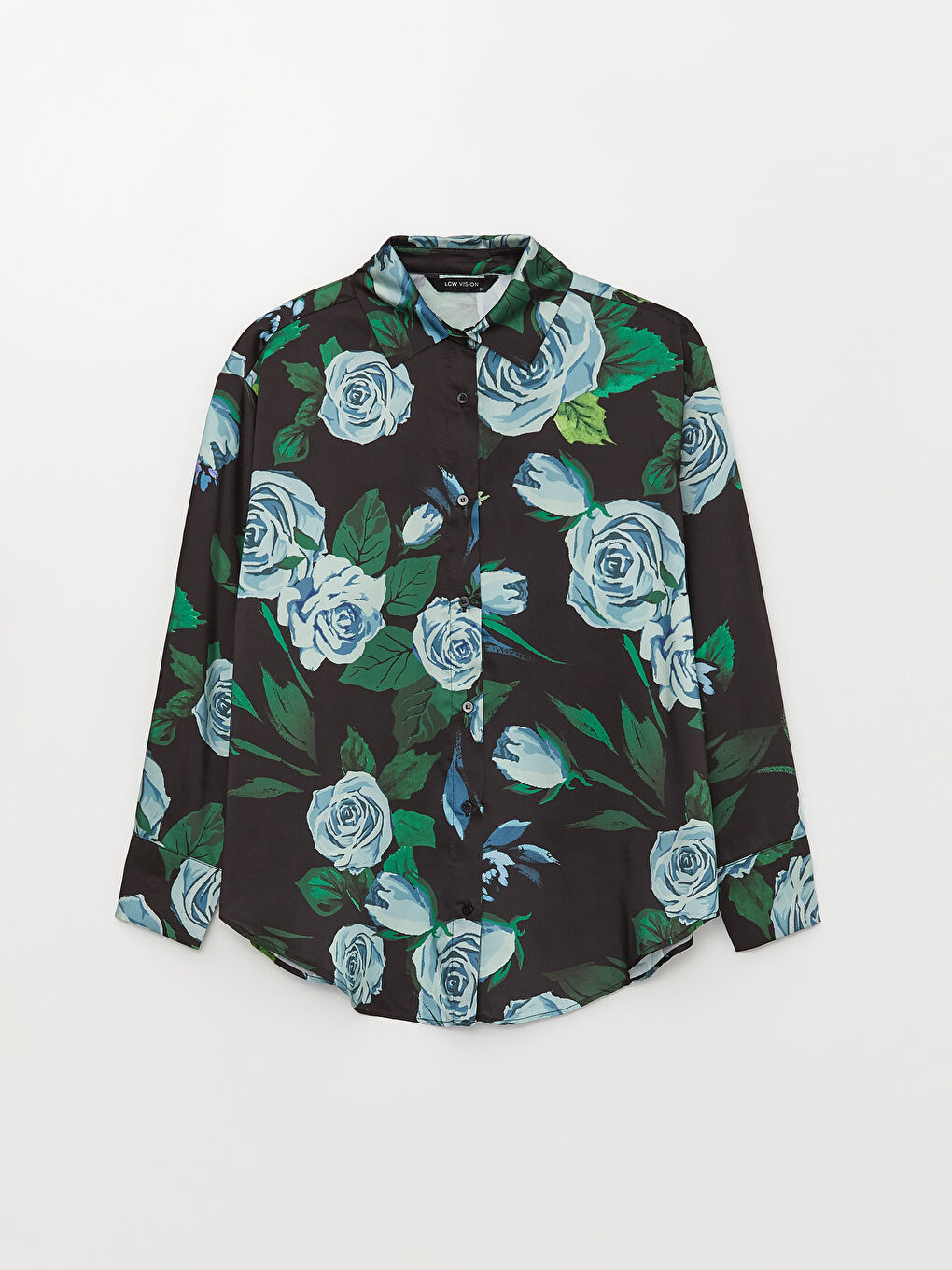 Siyah Çiçekli Uzun Kollu Oversize Saten Kadın Gömlek-5