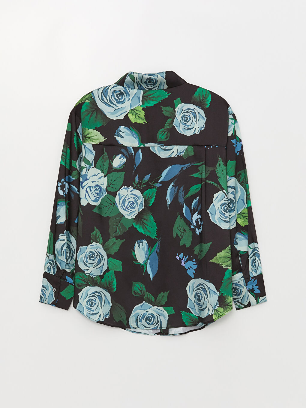 Siyah Çiçekli Uzun Kollu Oversize Saten Kadın Gömlek-6