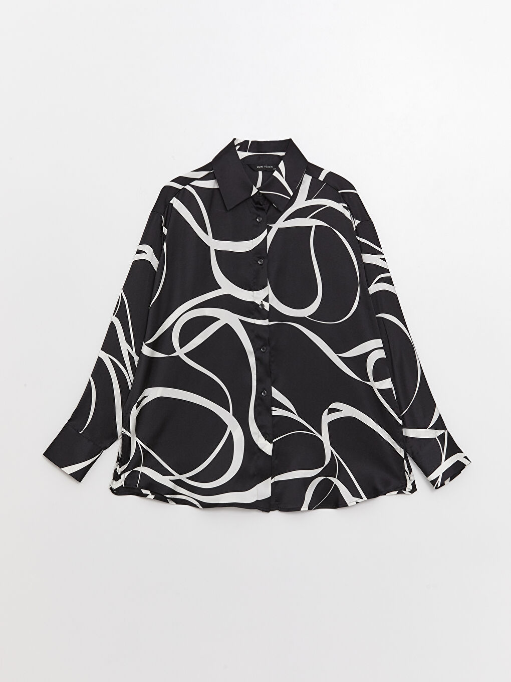 Ekru Desenli Oversize Saten Kadın Gömlek-5