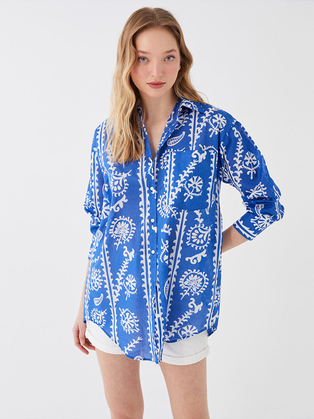 Mavi Desenli Uzun Kollu Vual Kadın Gömlek Tunik