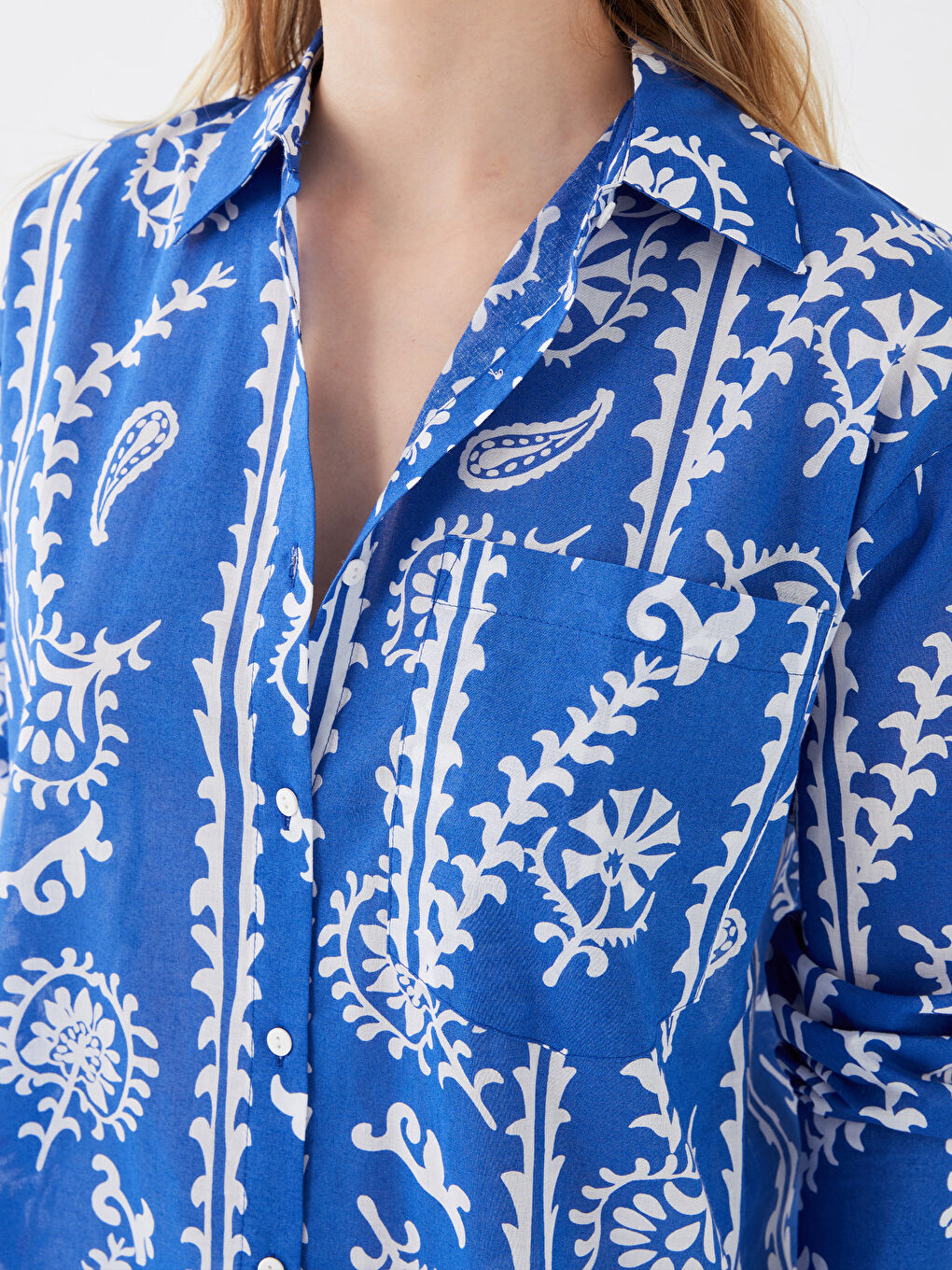 Mavi Desenli Uzun Kollu Vual Kadın Gömlek Tunik-3