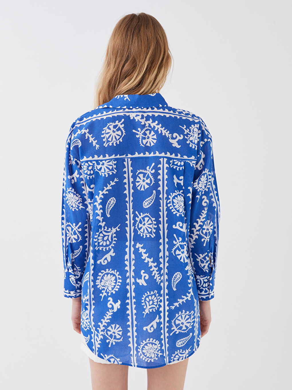 Mavi Desenli Uzun Kollu Vual Kadın Gömlek Tunik-4