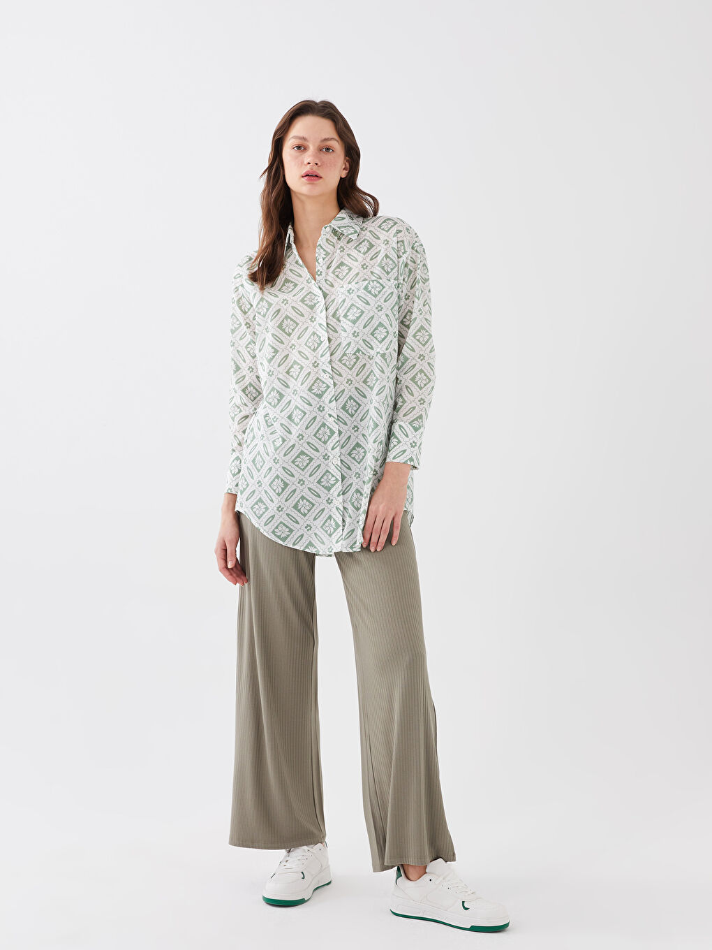 قميص تونيك نسائي كم طويل منقوش من قماش الفوال-2