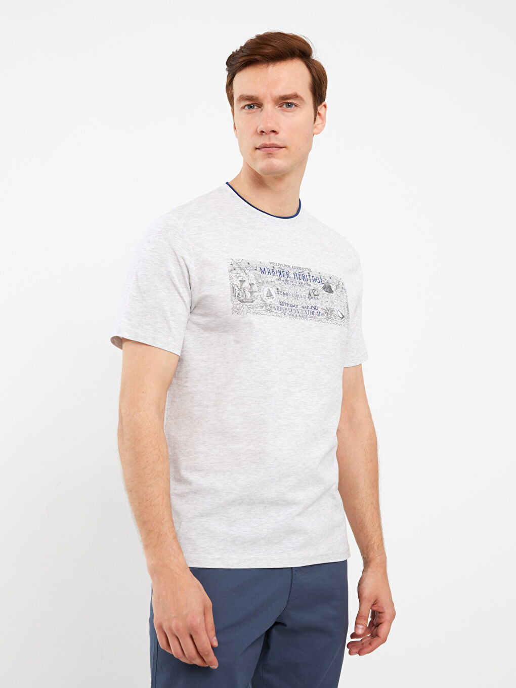 Bej Bisiklet Yaka Kısa Kollu Baskılı Penye Erkek Tişört-1