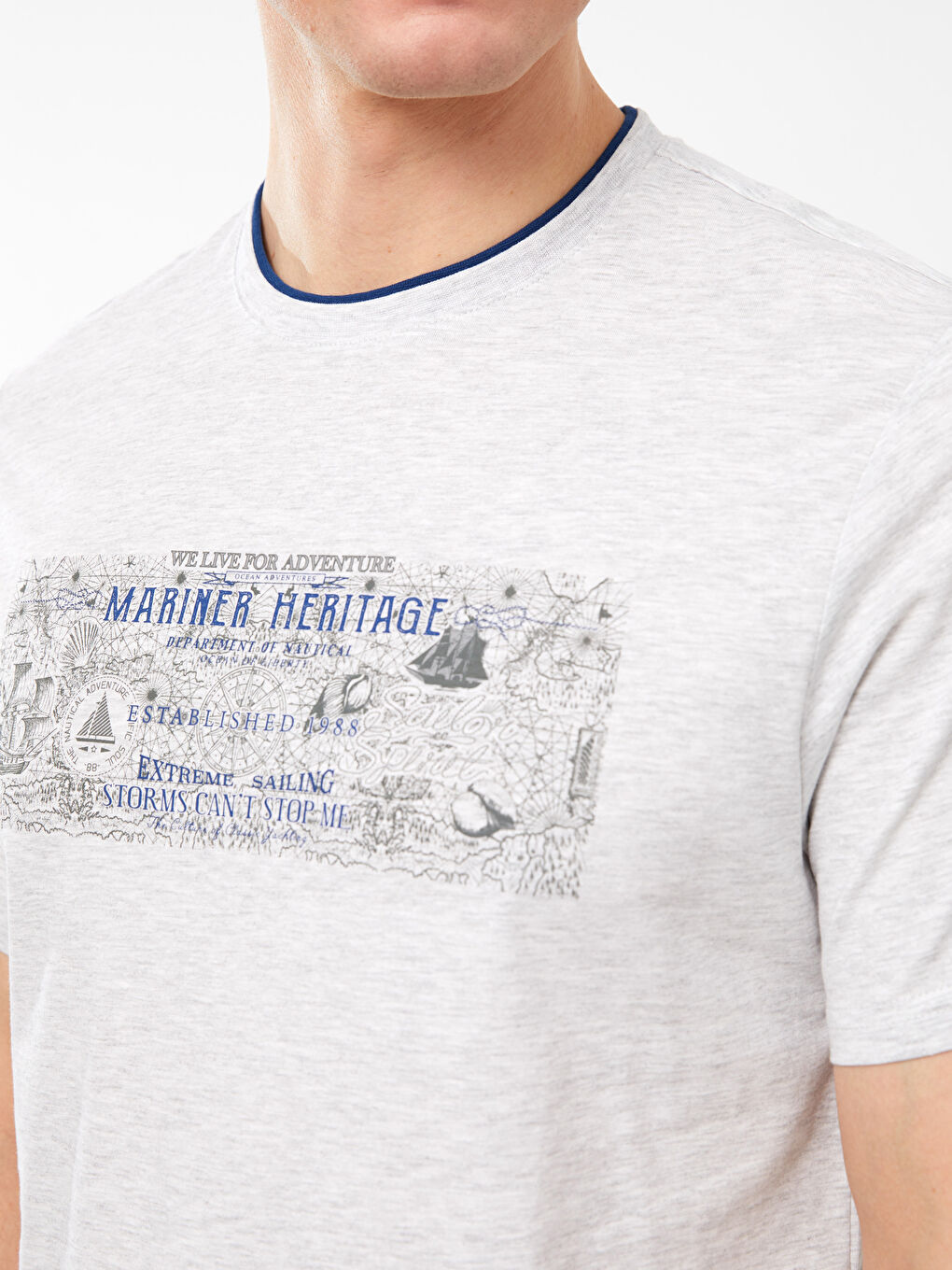 Bej Bisiklet Yaka Kısa Kollu Baskılı Penye Erkek Tişört-3