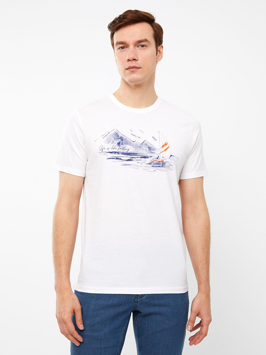 Beyaz Bisiklet Yaka Kısa Kollu Baskılı Penye Erkek Tişört-2