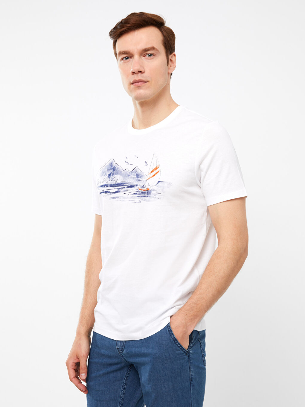 Beyaz Bisiklet Yaka Kısa Kollu Baskılı Penye Erkek Tişört-3