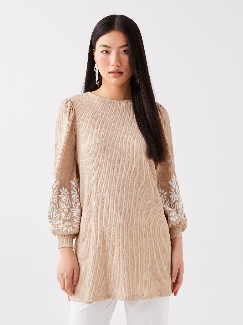 Tunică cu Guler Rotund, Imprimată, Mânecă Lungă pentru Femei