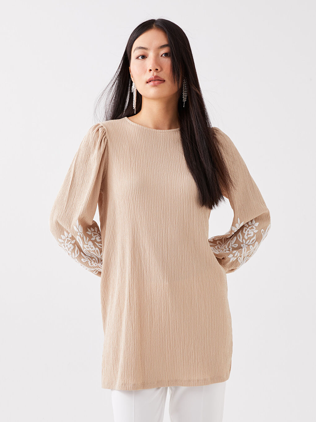 Tunică cu Guler Rotund, Imprimată, Mânecă Lungă pentru Femei-1