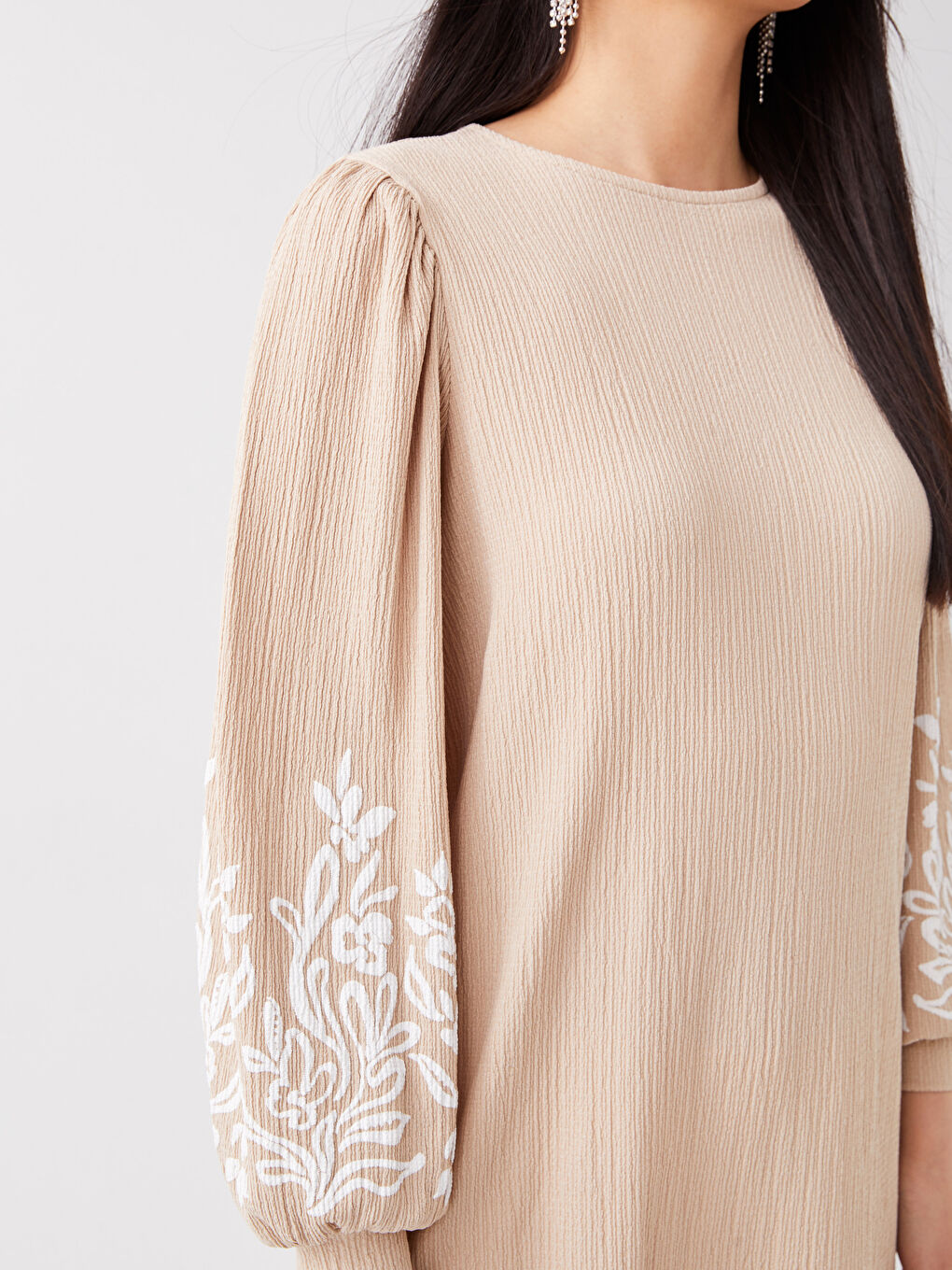 Tunică cu Guler Rotund, Imprimată, Mânecă Lungă pentru Femei-3