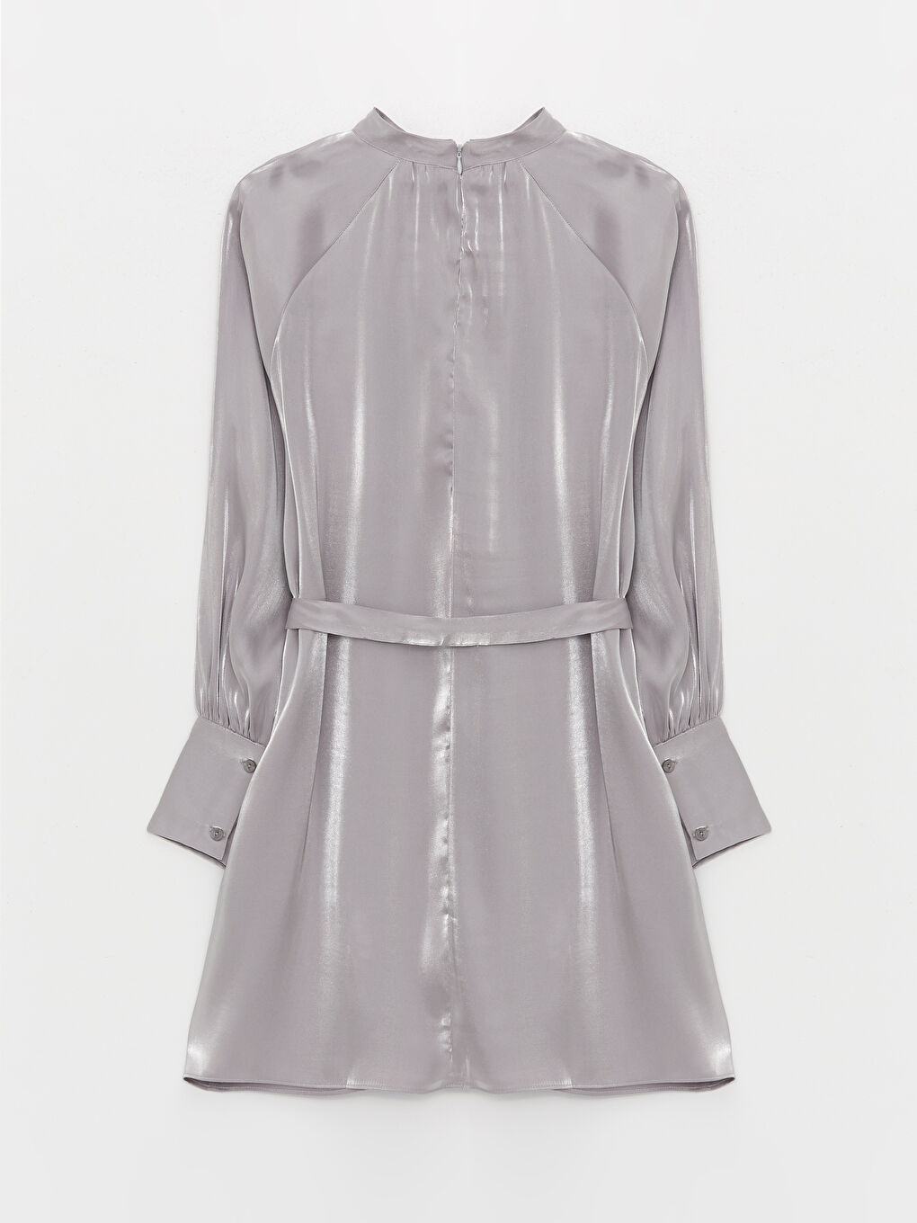 Gri Dik Yaka Düz Uzun Kollu Saten Kadın Tunik-6