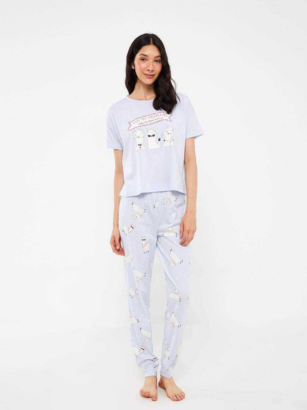 Mavi Bisiklet Yaka Baskılı Kısa Kollu Kadın Pijama Takımı