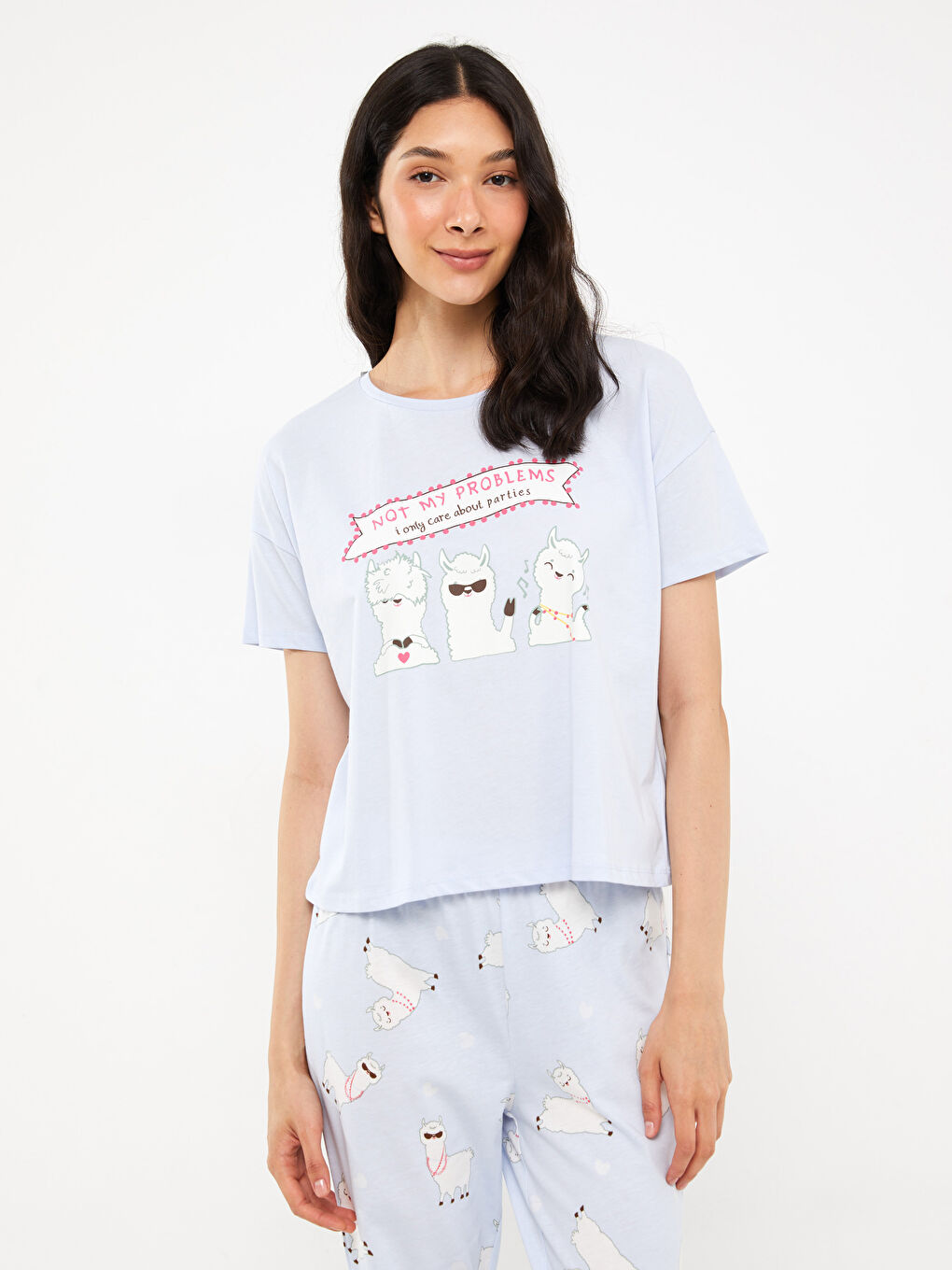 Mavi Bisiklet Yaka Baskılı Kısa Kollu Kadın Pijama Takımı-1