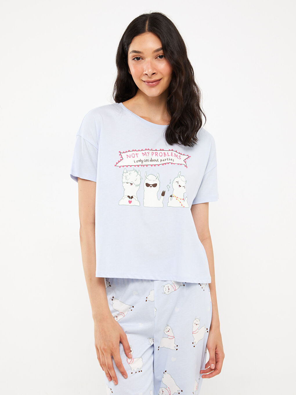 Mavi Bisiklet Yaka Baskılı Kısa Kollu Kadın Pijama Takımı-2