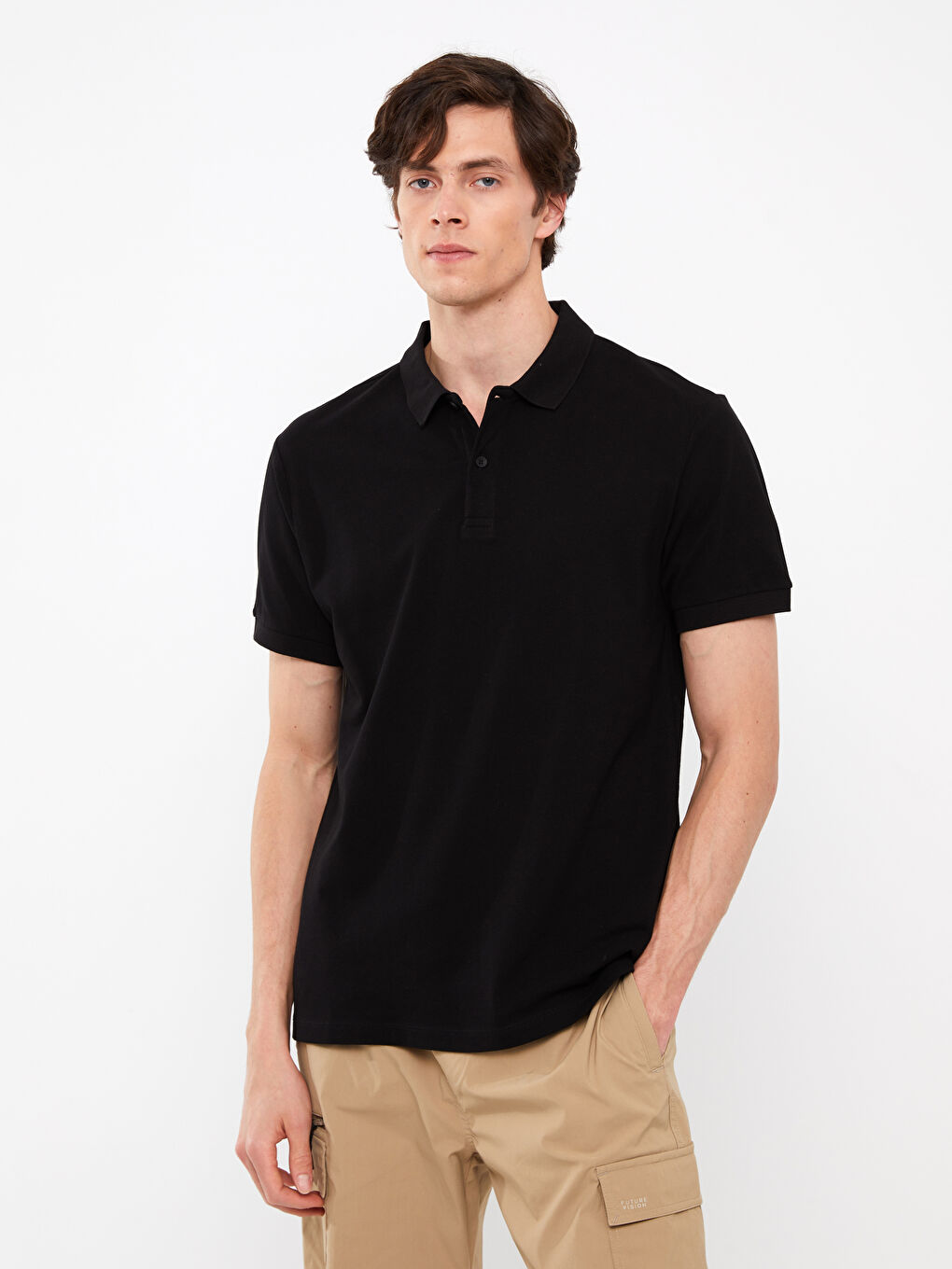 Siyah Polo Yaka Kısa Kollu Penye Erkek Tişört-1