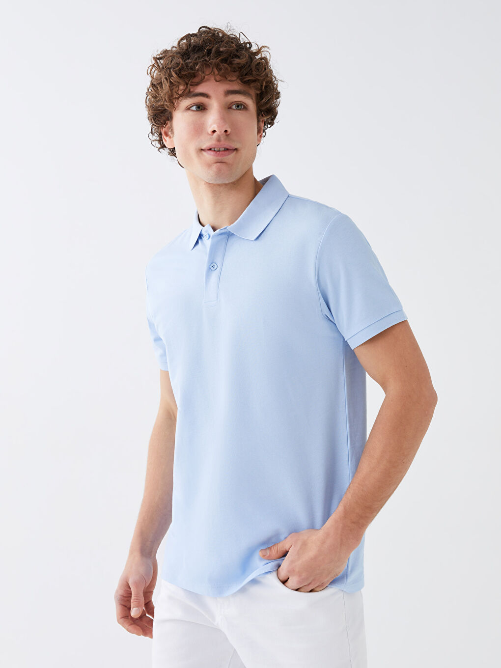 Mavi Polo Yaka Kısa Kollu Penye Erkek Tişört-1