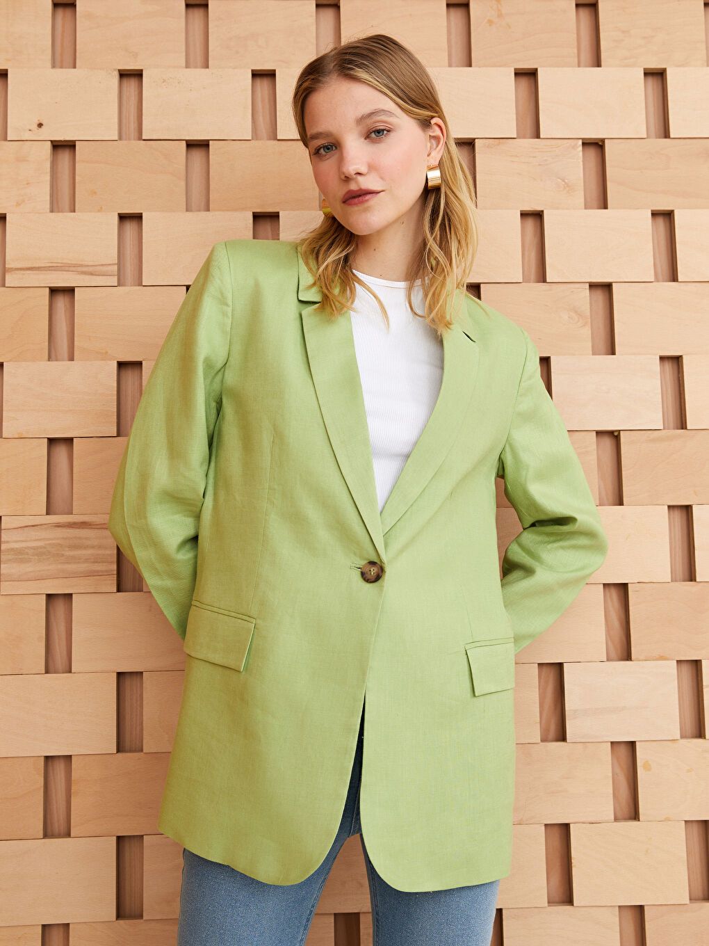 LCW Modest Yeşil %100 Keten Kadın Blazer Ceket