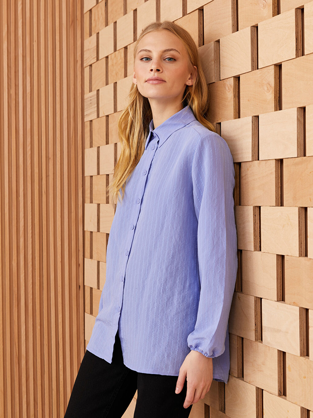 Lila Kadın Çizgili Uzun Kollu Gömlek-1