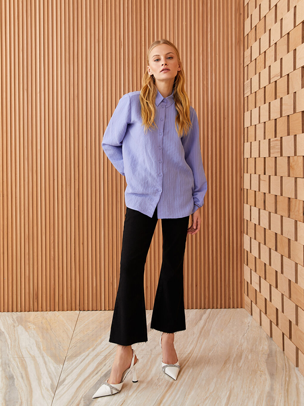 Lila Kadın Çizgili Uzun Kollu Gömlek-2