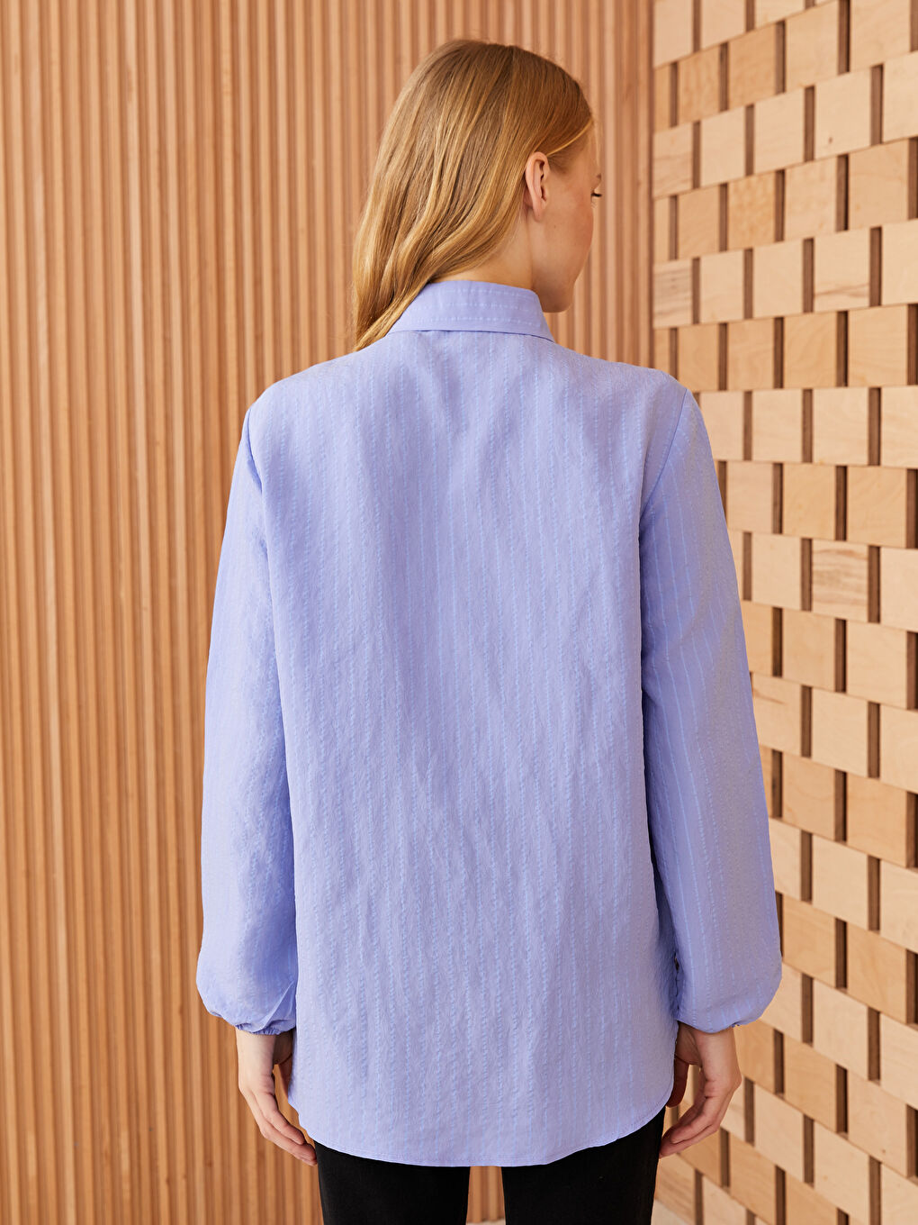 Lila Kadın Çizgili Uzun Kollu Gömlek-4