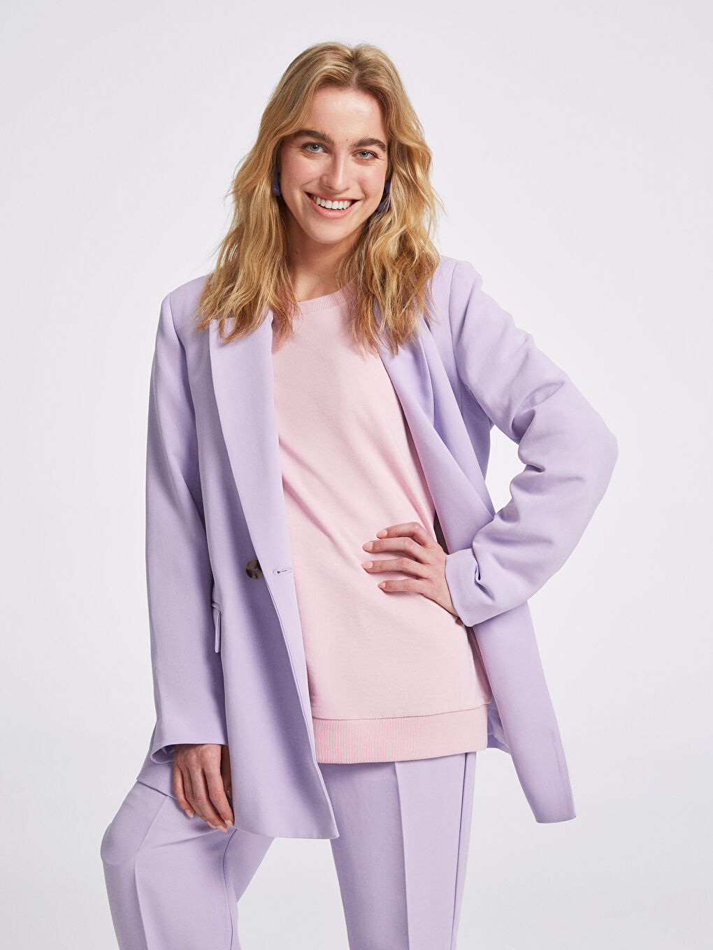 Lila Düz Uzun Kollu Kadın Blazer Ceket-1