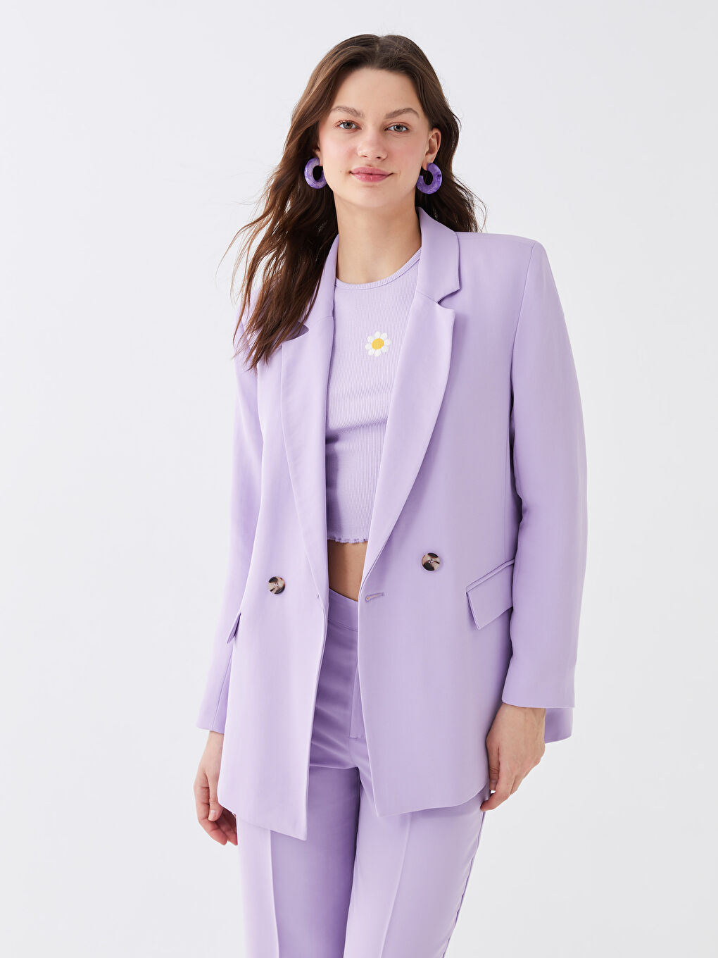 Lila Düz Uzun Kollu Kadın Blazer Ceket-2