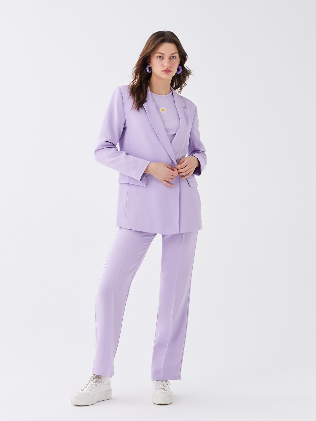 Lila Düz Uzun Kollu Kadın Blazer Ceket-4