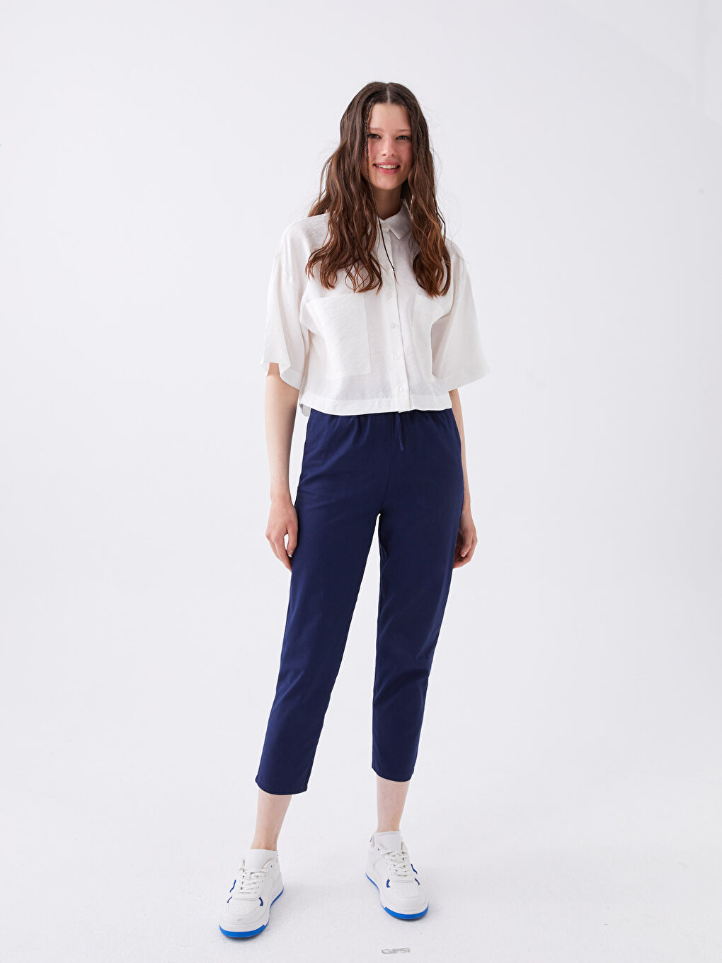Lacivert Beli Lastikli Düz Keten Karışımlı Kadın Pantolon