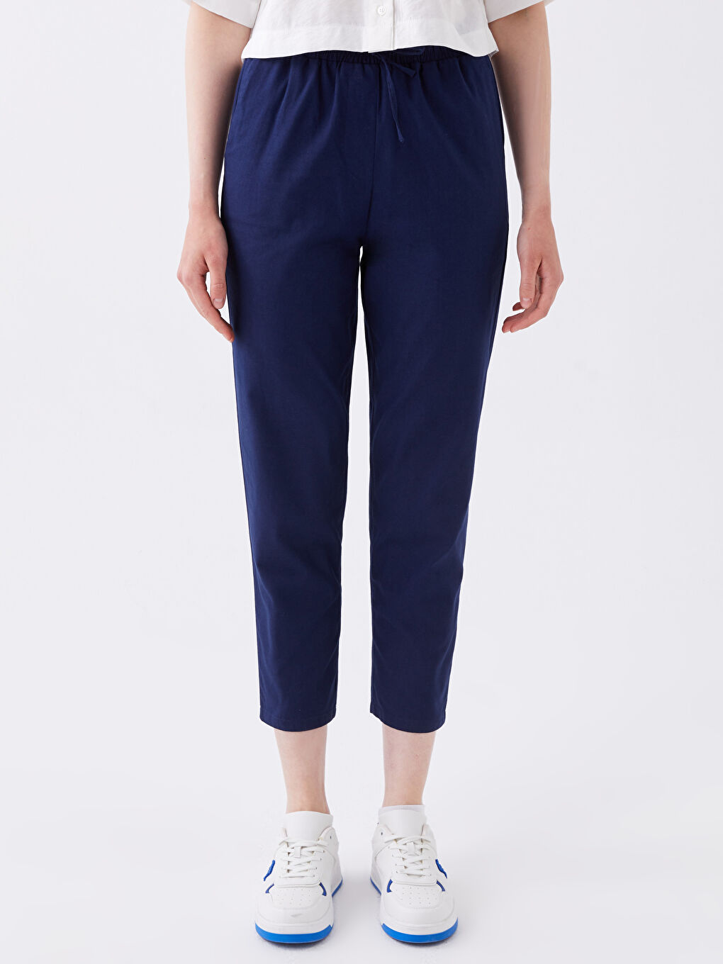 Lacivert Beli Lastikli Düz Keten Karışımlı Kadın Pantolon-2