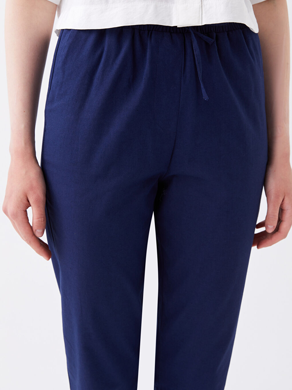 Lacivert Beli Lastikli Düz Keten Karışımlı Kadın Pantolon-3