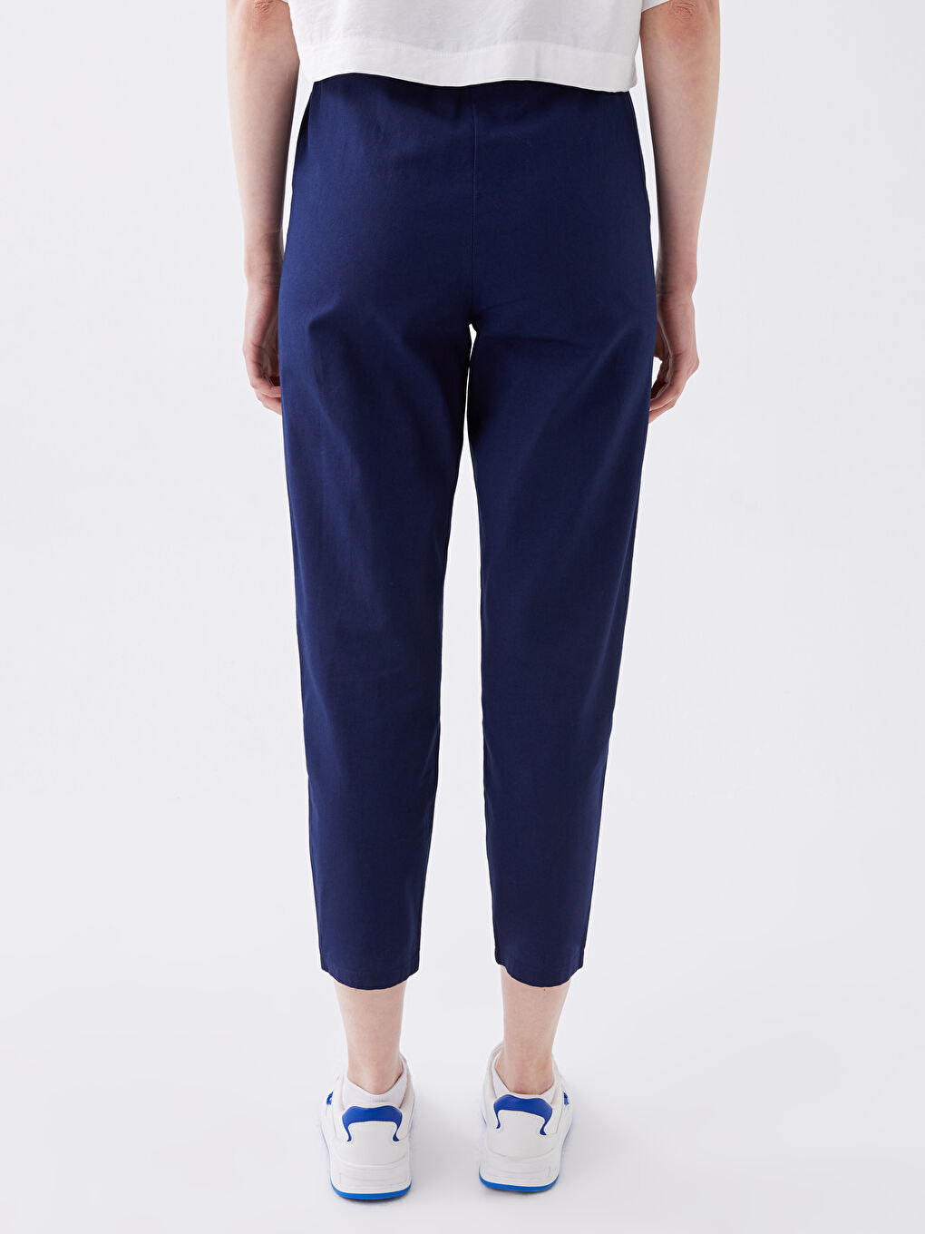 Lacivert Beli Lastikli Düz Keten Karışımlı Kadın Pantolon-4